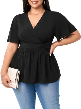 Women's Plus Size Peplum Tops V Neck Wrap Short Sleeve Summer Loose Blouses Shirts