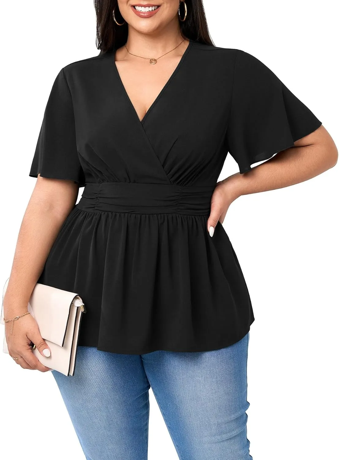 Women's Plus Size Peplum Tops V Neck Wrap Short Sleeve Summer Loose Blouses Shirts