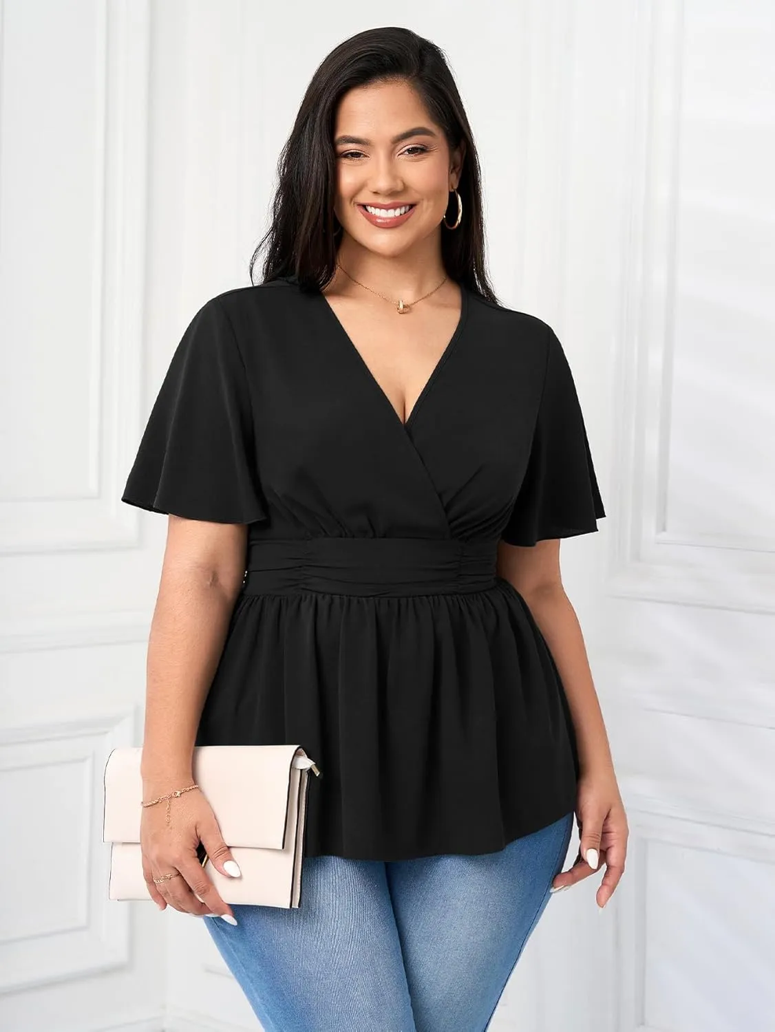 Women's Plus Size Peplum Tops V Neck Wrap Short Sleeve Summer Loose Blouses Shirts