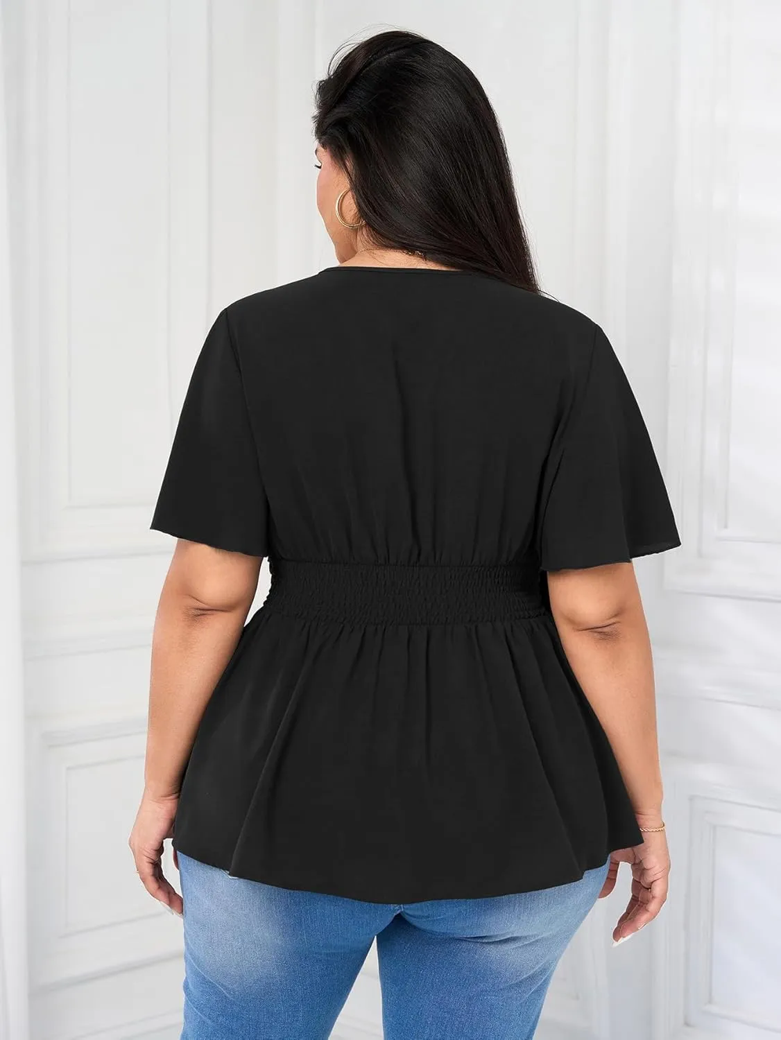 Women's Plus Size Peplum Tops V Neck Wrap Short Sleeve Summer Loose Blouses Shirts