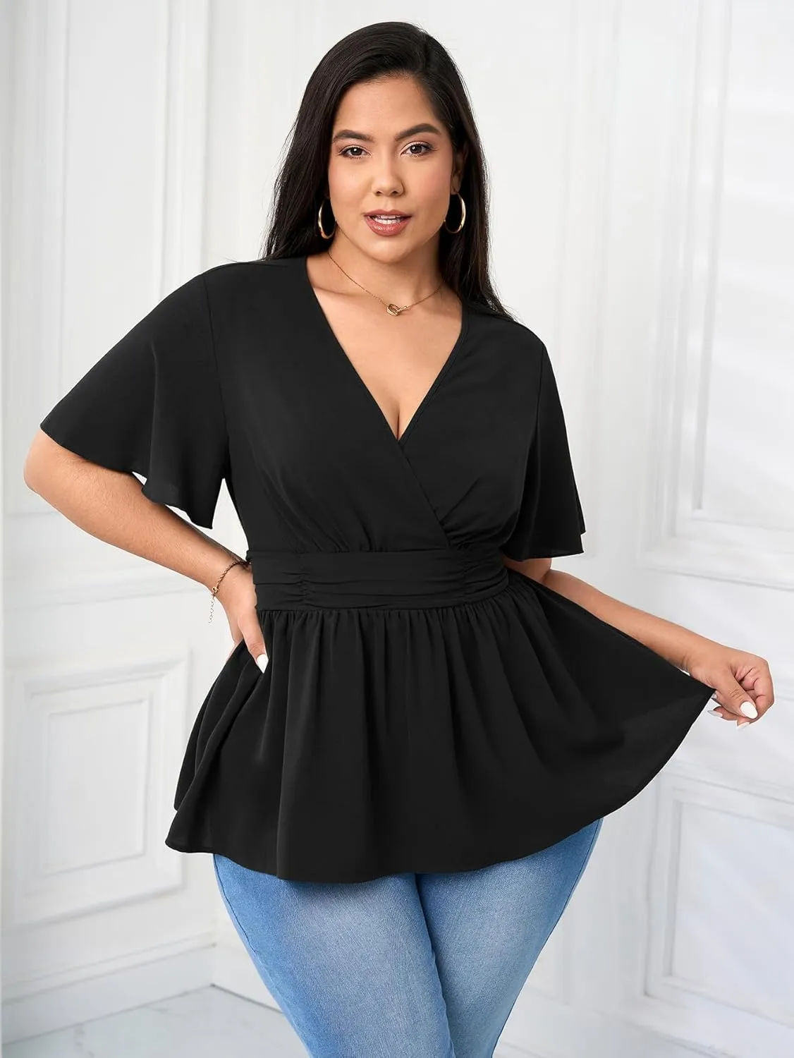 Women's Plus Size Peplum Tops V Neck Wrap Short Sleeve Summer Loose Blouses Shirts