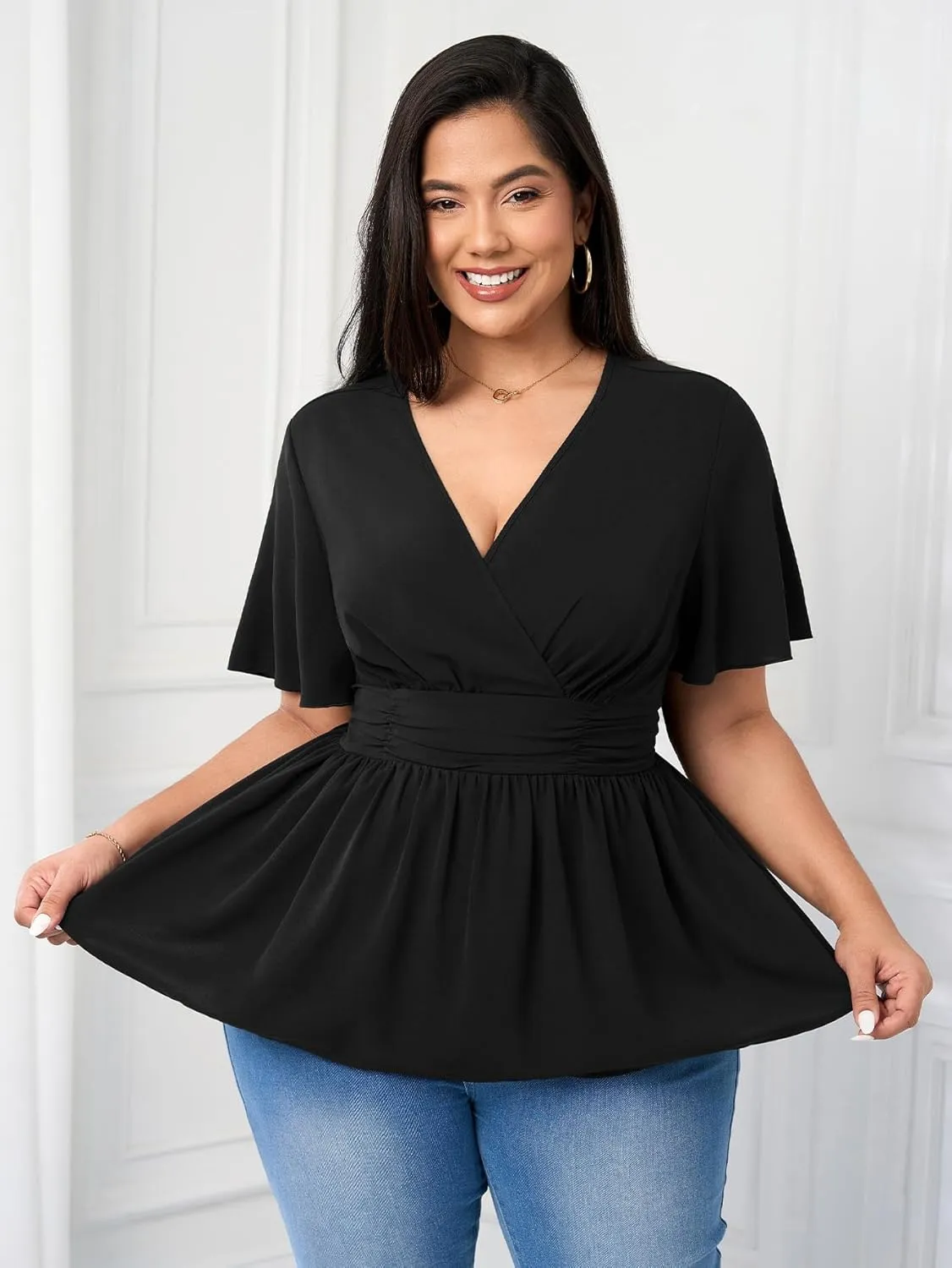Women's Plus Size Peplum Tops V Neck Wrap Short Sleeve Summer Loose Blouses Shirts