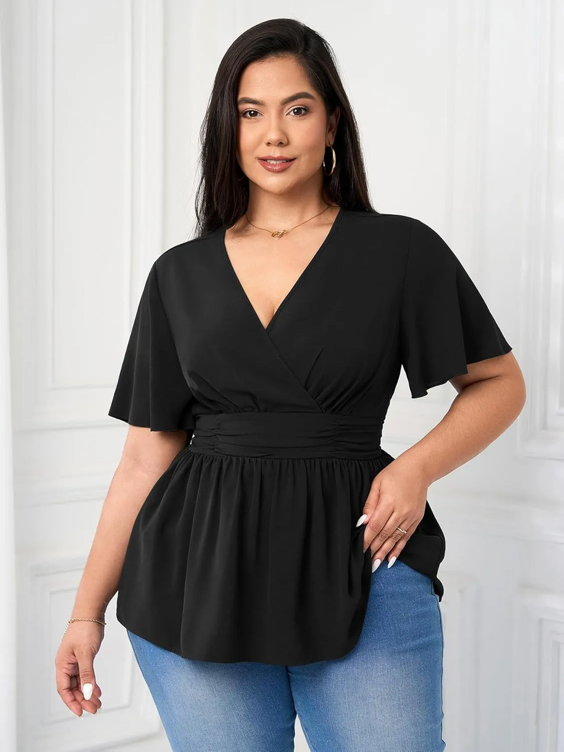 Women's Plus Size Peplum Tops V Neck Wrap Short Sleeve Summer Loose Blouses Shirts