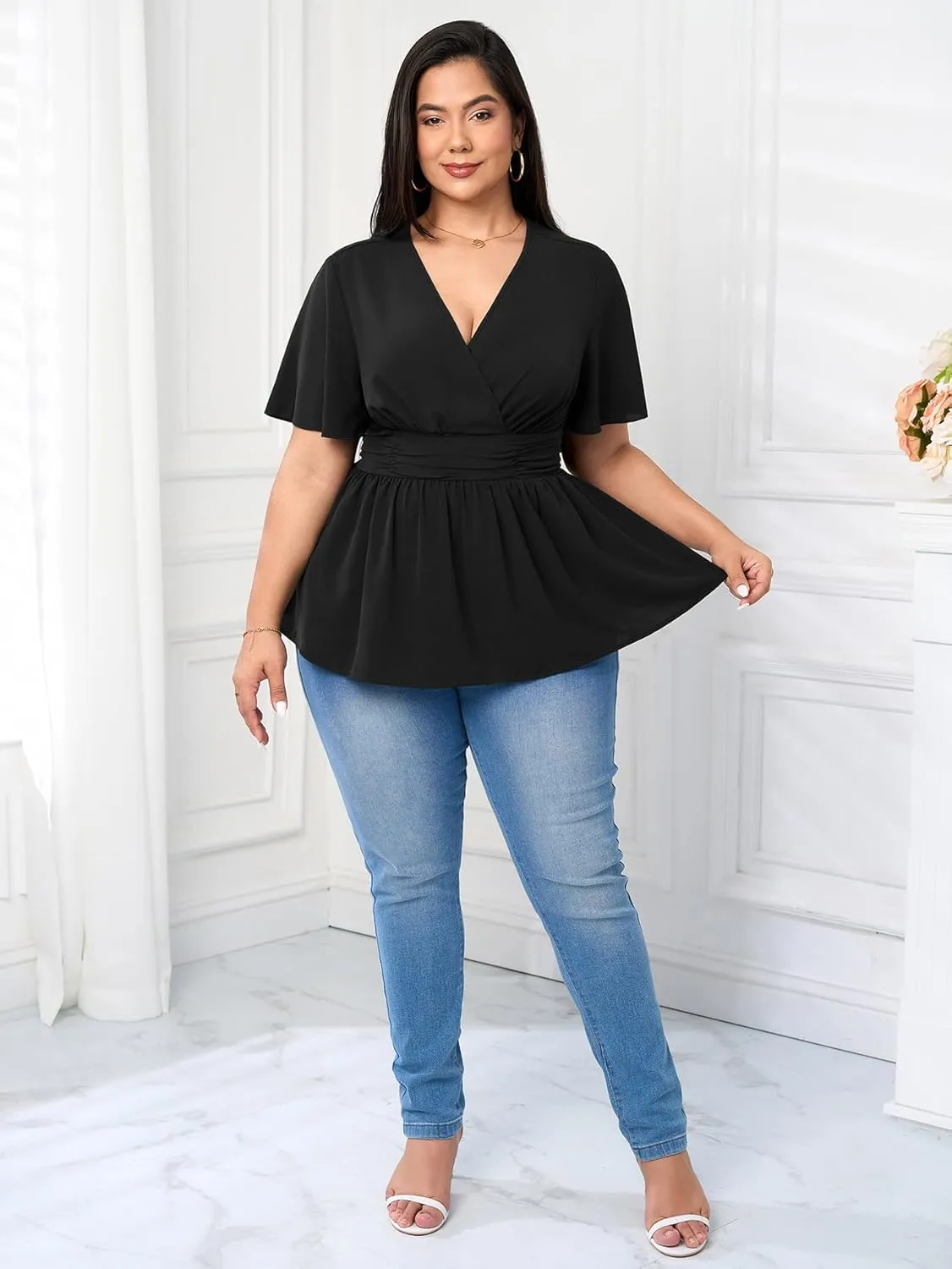 Women's Plus Size Peplum Tops V Neck Wrap Short Sleeve Summer Loose Blouses Shirts