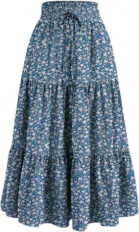 Women's Skirts Women's Summer Comfy Causal Elastic High Waisted Skirts Casual Floral Print A Line Skirt
