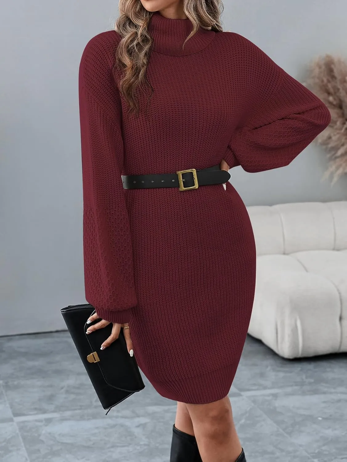 Women's Turtleneck Textured Lantern Sleeve Ribbed Knit Mini Dress Pullover Oversized Sweater Dresses S-XL