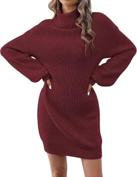Women's Turtleneck Textured Lantern Sleeve Ribbed Knit Mini Dress Pullover Oversized Sweater Dresses S-XL