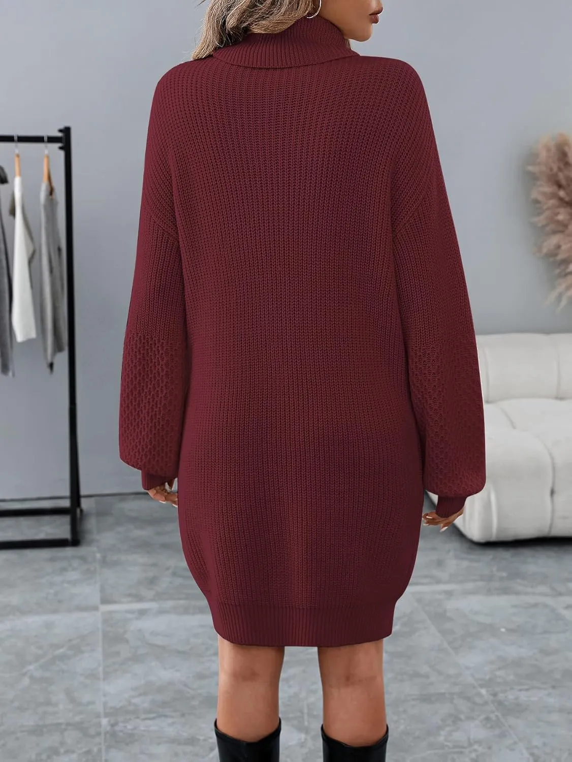 Women's Turtleneck Textured Lantern Sleeve Ribbed Knit Mini Dress Pullover Oversized Sweater Dresses S-XL