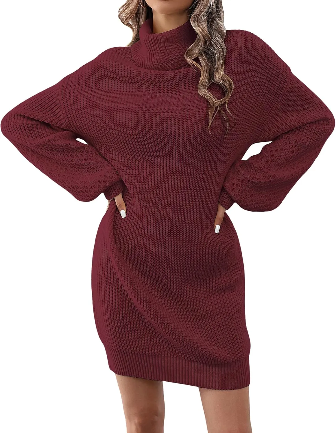 Women's Turtleneck Textured Lantern Sleeve Ribbed Knit Mini Dress Pullover Oversized Sweater Dresses S-XL