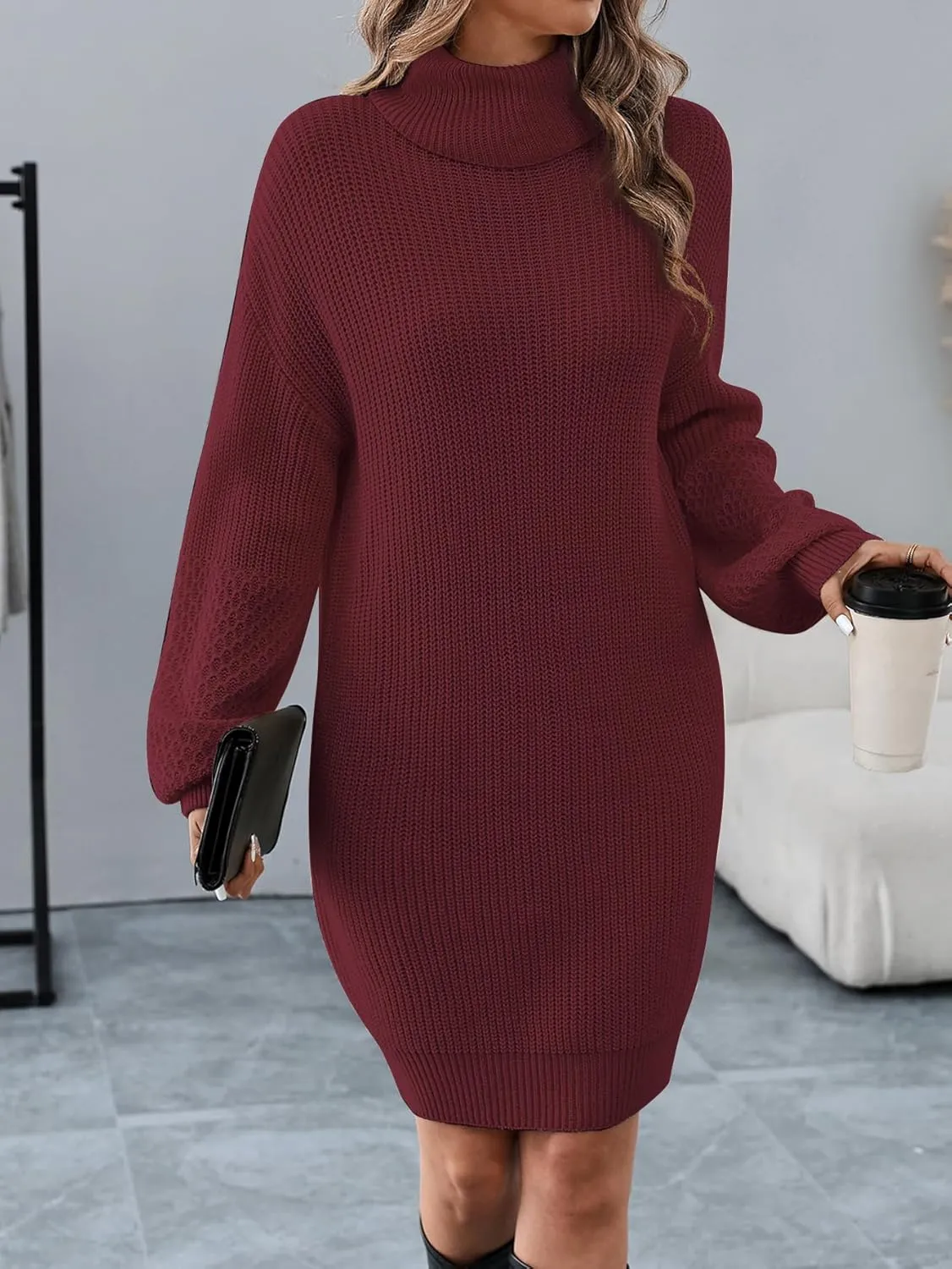 Women's Turtleneck Textured Lantern Sleeve Ribbed Knit Mini Dress Pullover Oversized Sweater Dresses S-XL