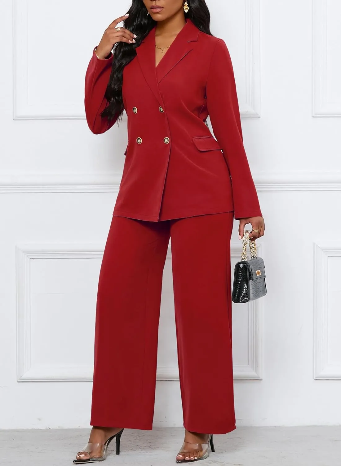 Women's Two Piece Outfits Casual Blazer Jacket Wide Leg Work Pants Business Suit Sets with Pocket