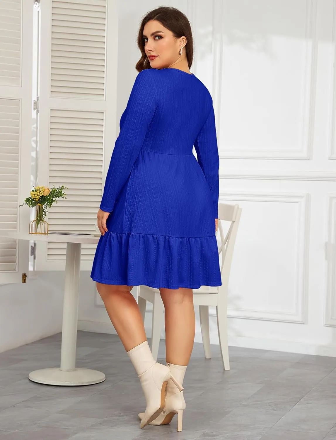 ZOMVA 2024 Winer Women's Plus Size Dress Ribbed Knit Long Sleeve Crew Neck A Line Short Ruffle Hem Sweater Dresses