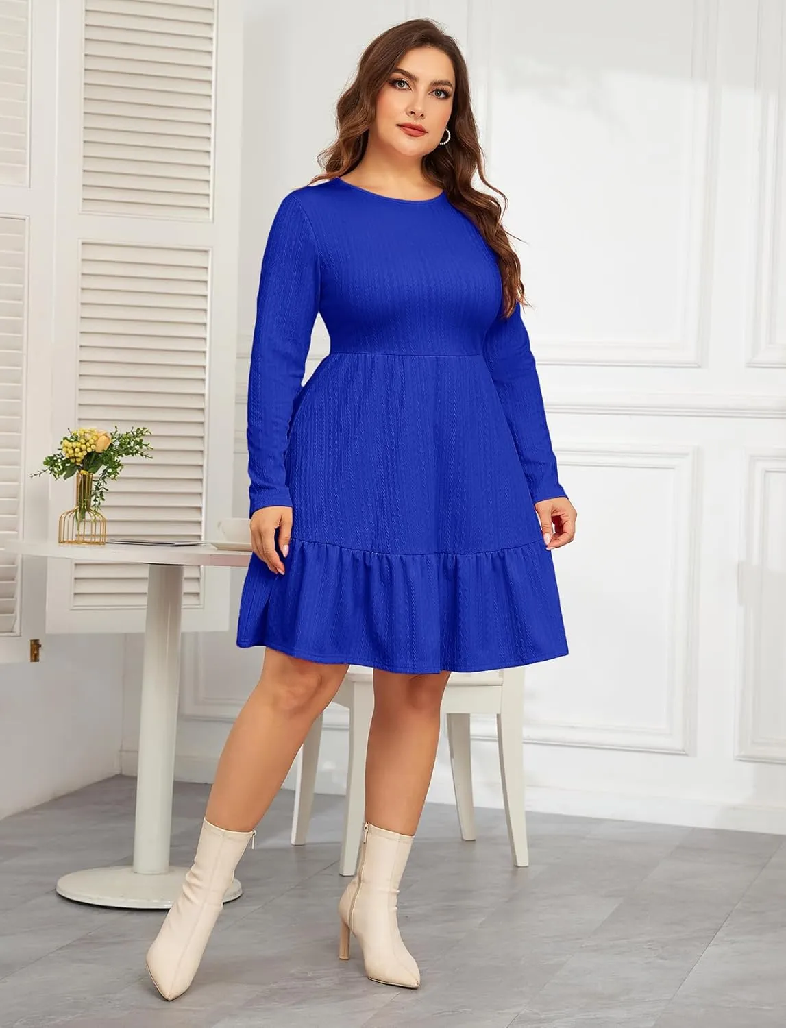 ZOMVA 2024 Winer Women's Plus Size Dress Ribbed Knit Long Sleeve Crew Neck A Line Short Ruffle Hem Sweater Dresses