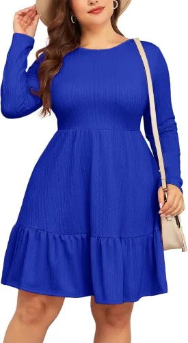 ZOMVA 2024 Winer Women's Plus Size Dress Ribbed Knit Long Sleeve Crew Neck A Line Short Ruffle Hem Sweater Dresses