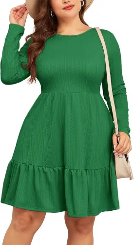 ZOMVA 2024 Winer Women's Plus Size Dress Ribbed Knit Long Sleeve Crew Neck A Line Short Ruffle Hem Sweater Dresses