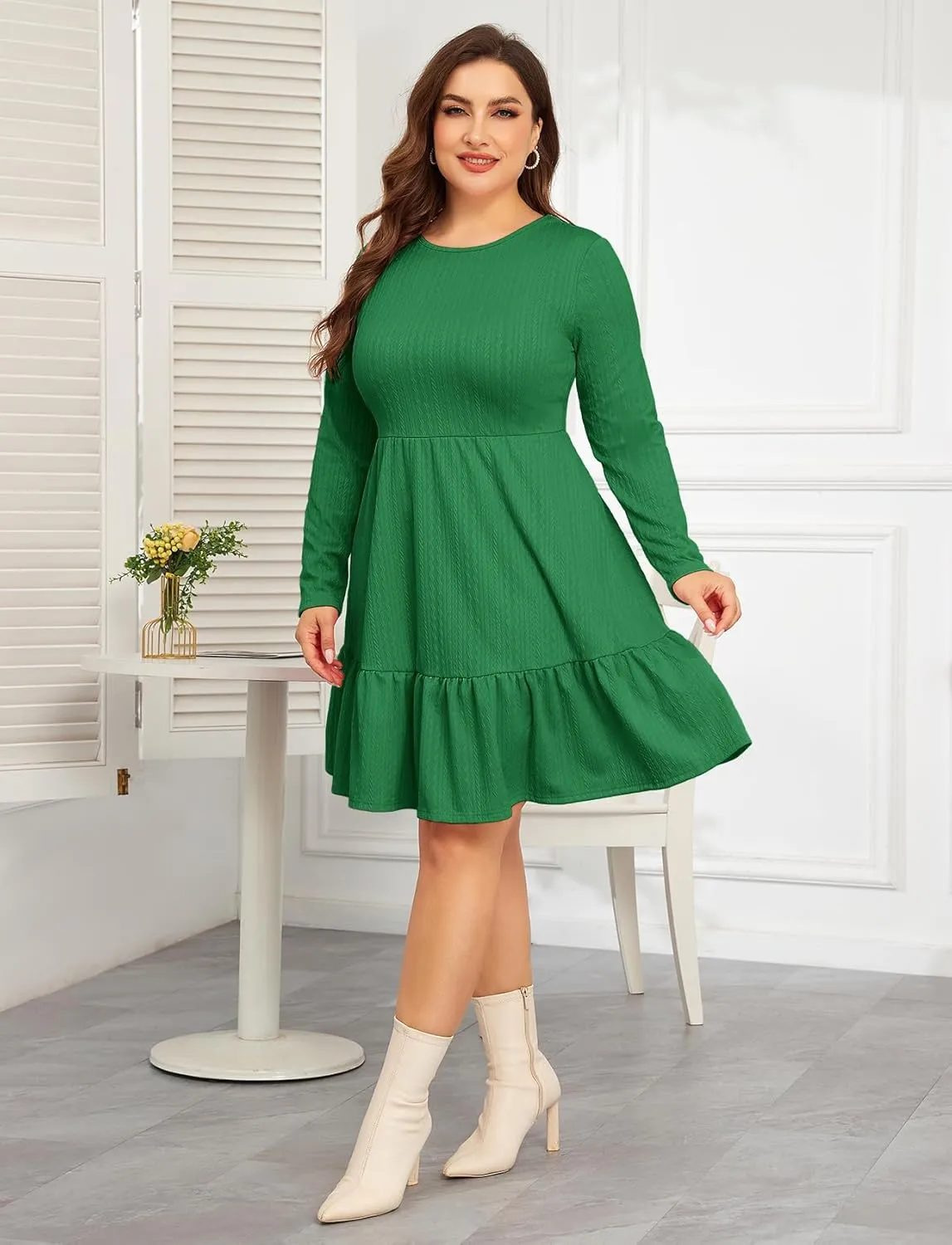 ZOMVA 2024 Winer Women's Plus Size Dress Ribbed Knit Long Sleeve Crew Neck A Line Short Ruffle Hem Sweater Dresses
