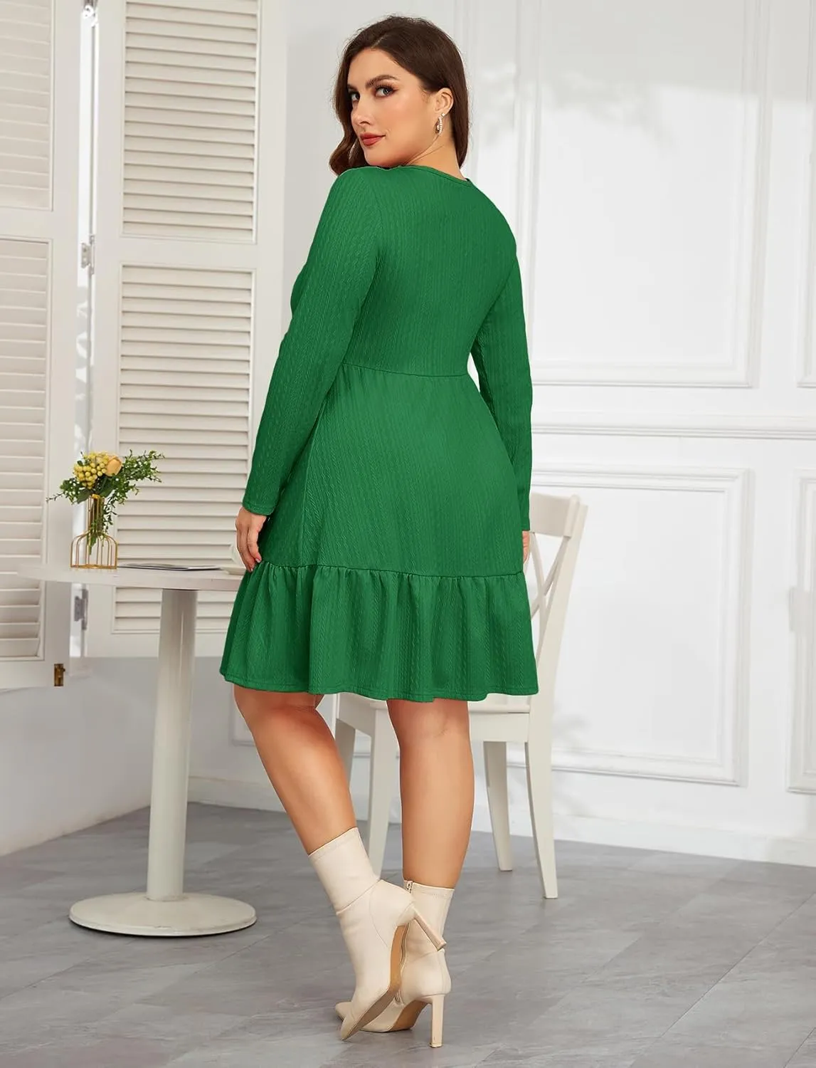 ZOMVA 2024 Winer Women's Plus Size Dress Ribbed Knit Long Sleeve Crew Neck A Line Short Ruffle Hem Sweater Dresses