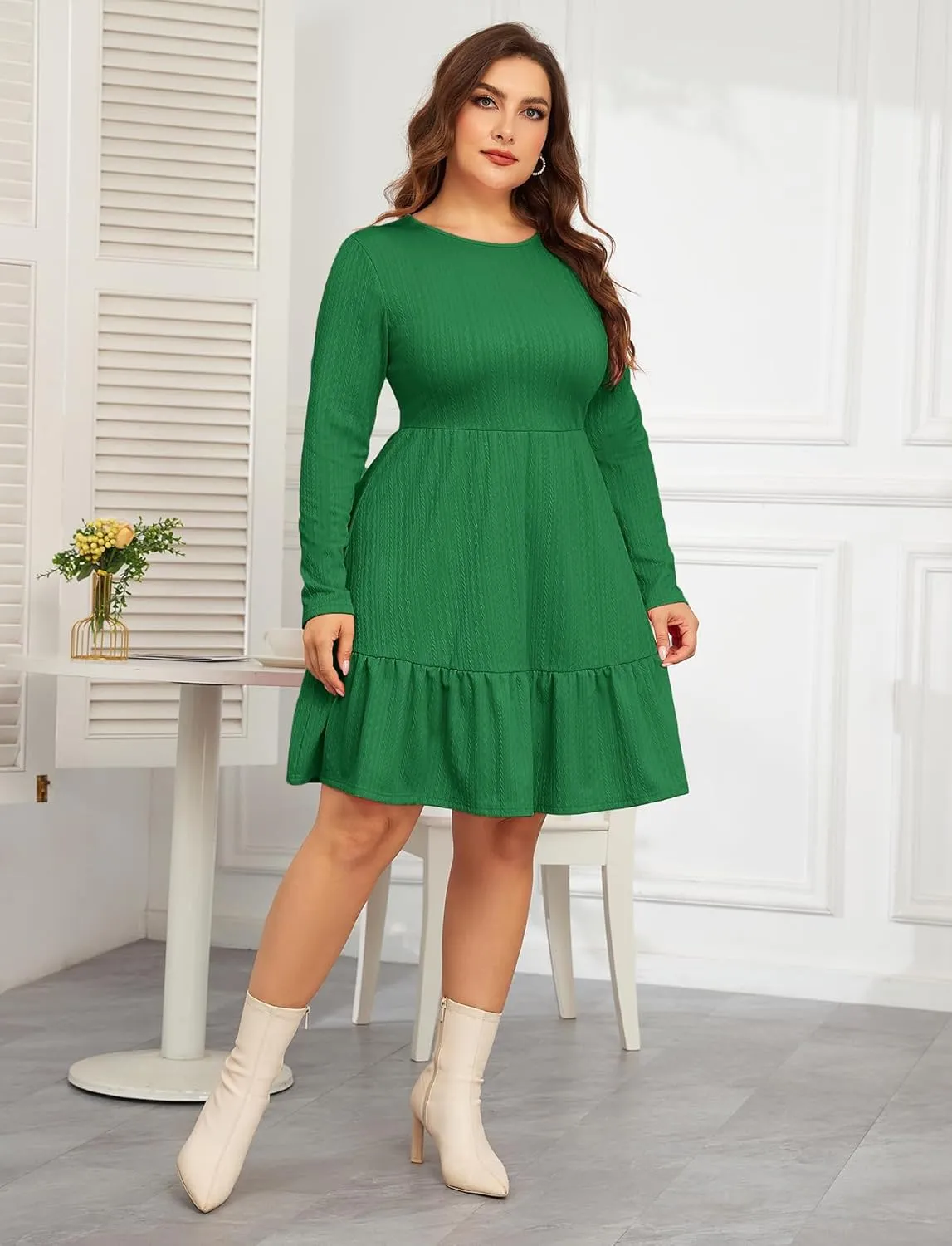 ZOMVA 2024 Winer Women's Plus Size Dress Ribbed Knit Long Sleeve Crew Neck A Line Short Ruffle Hem Sweater Dresses